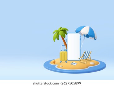 3D tropical beach travel essentials with blank smartphone screen, suitcase, palm tree, umbrella. Concept of vacation and tickets. Mockup copy space display. 3d rendering. Vector illustration