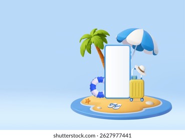 3D tropical beach travel essentials with blank smartphone screen, suitcase, palm tree, umbrella. Concept of vacation and tickets. Mockup copy space display. 3d rendering. Vector illustration