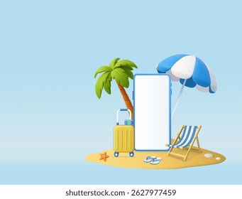 3D tropical beach travel essentials with blank smartphone screen, suitcase, palm tree, umbrella. Concept of vacation and tickets. Mockup copy space display. 3d rendering. Vector illustration