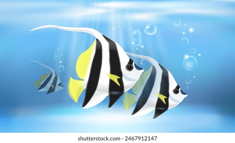 3D Tropical fishes vertical wallpaper. Striped Angel Fish, black and white colors. Transparent background. Exotic aquarium fishes isolated vector illustration