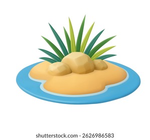 3d tropical island featuring green leaves, rocks, and surrounding blue water in cartoon style. 3d rendering. Vector illustration
