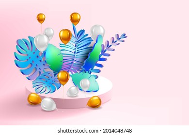 3D Tropical leaves scene podium, botanical background. Render vector foliage,pedestal, stage illustration template
