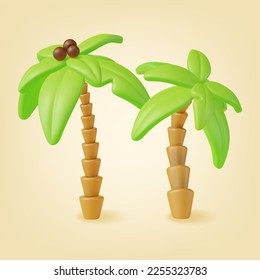 3d Tropical Palm Tree Set Plasticine Cartoon Style. Vector illustration of Exotic Plant Green Leaf and Coconut