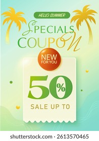 3d tropical travel summer coupon with summer background, palm trees. Vacation gift voucher banner template for resort, hotel, vacation tour in 3d vector
