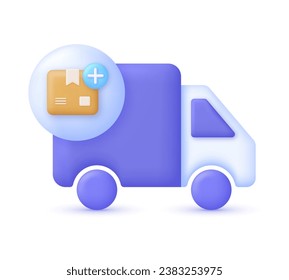 3D Truck with delivery box and plus sign. Add concept. Express delivery, shipping, truck icon, quick move. Fast delivery concept. Trendy and modern vector in 3d style.