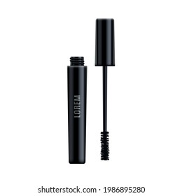 3D tube of mascara and wand. Black bottle with eyelash brush. Vector realistic illustration. Isolated on a white background.