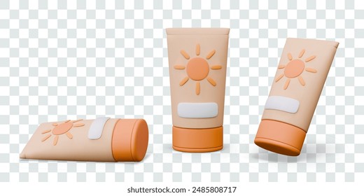 3D tube of sun protection cream. Cosmetic packaging with sun and place for text, logo