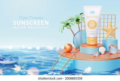 3d tubes displayed on round podium in the middle of sea. Tropical island theme scene design for eco friendly and ocean safe products.
