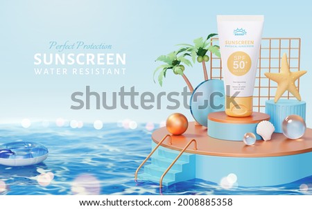 3d tubes displayed on round podium in the middle of sea. Tropical island theme scene design for eco friendly and ocean safe products.