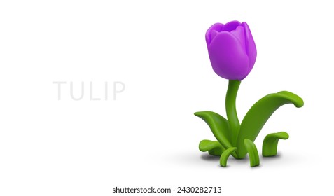 Tulipán 3D entre hierba verde. Imagen vectorial aislada de la flor en estilo positivo