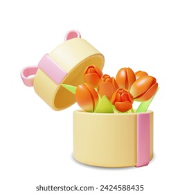 3d Tulips in Gift Box Cartoon Style Present for Birthday or Anniversary. Vector illustration of Flower Bouquet