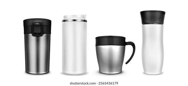 3D tumbler cup mockups set isolated on white background. Vector realistic illustration of stainless steel thermo mug with black plastic lid, blank bottle for hot and cold drinks, camping equipment