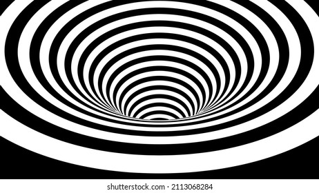 3d tunnel. Abstract background of black and white lines. Tunnel through space. Optical illusion. 3D vector illustration.