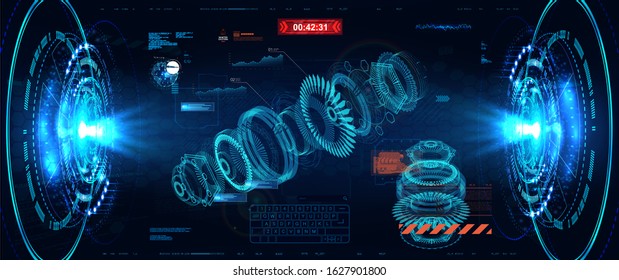 3D Turbine Hologram In HUD Style. Jet Engine Of Airplane, Industrial Aerospace Blueprint. Future Engineering Concept With Infographics, Engine Statistics And Parts Of Mechanisms In HUD Style. Vector