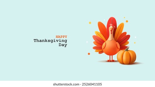 3D turkey bird with a bright tail near a pumpkin. A blue banner with a bright character and a pumpkin. Thanksgiving web banner. National American traditions. Vector illustration.