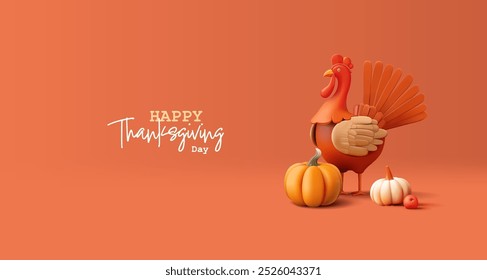 3D turkey bird, pumpkins, apple. Happy Thanksgiving orange modern banner for advertising and promotion. Realistic image for web design, of advertising materials. Vector illustration.