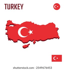 Mapa da Turquia 3D com bandeira, Mapa tridimensional da Turquia com sombra
