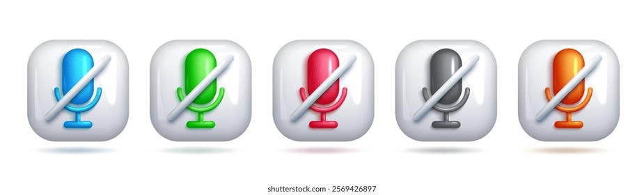 3D Turn Off Microphone Icon, Square Frame, Colorful Design