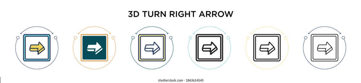 3d turn right arrow icon in filled, thin line, outline and stroke style. Vector illustration of two colored and black 3d turn right arrow vector icons designs can be used for mobile, ui, web