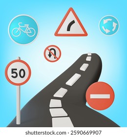 3d Turning Road with Signs Maximum Speed and No Entry Cartoon Design Style Navigation Concept . Vector illustration