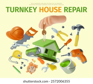 3d Turnkey House Repair Concept Ads Banner Promotion Poster Card. Vector illustration of Building and Floating Tools