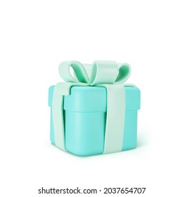 3d turquoise closed gift box standing on the floor with pastel blue ribbon bow isolated on a light background. 3d render modern holiday surprise box. Realistic vector icon