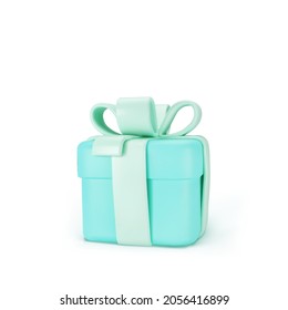 3d turquoise closed gift box standing on the floor with pastel blue ribbon bow isolated on a light background. 3d render modern holiday surprise box. Realistic vector icon