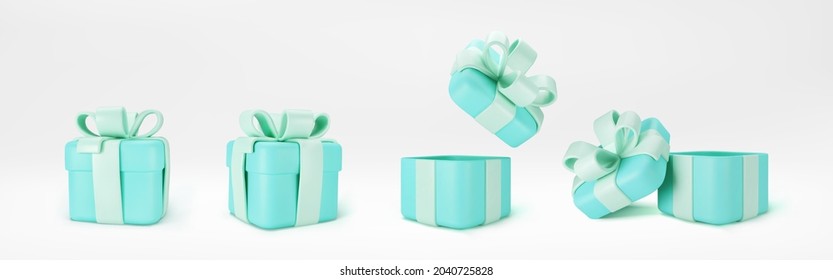 3d turquoise gift boxes open and closed standing on the floor with blue pastel ribbon bow isolated on a light background. 3d render modern holiday surprise box. Realistic vector icons