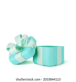 3d turquoise open gift box standing on the floor with pastel blue ribbon bow isolated on a light background. 3d render modern holiday surprise box. Realistic vector icon