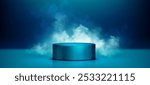 3d turquoise podium with neon light and cloud vector. Dreamy studio stage for cosmetic product. Nightclub energy pedestal for disco concert or music award backdrop with white smoke. Dark bg design