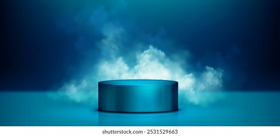 Podio 3D turquesa con luz de neón y Vector nublado. Escenario de estudio de ensueño para el producto cosmético. Pedestal de energía del club nocturno para concierto de discoteca o telón de fondo de premios de música con humo blanco. Oscuro por diseño