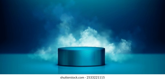 3d turquoise podium with neon light and cloud vector. Dreamy studio stage for cosmetic product. Nightclub energy pedestal for disco concert or music award backdrop with white smoke. Dark bg design