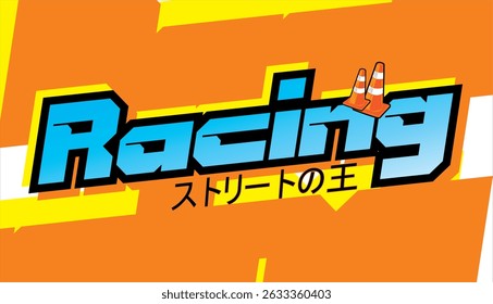 3D turquoise RACING text vector and KING OF THE ROAD Japanese spelling, sticker print design, cool orange background.