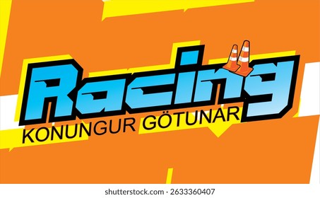 3D turquoise RACING text vector and KING OF THE ROAD Icelandic spelling, sticker print design, simple orange background.