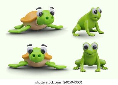 3D turtle and frog in different positions. Front and side view. Green cute amphibians. Templates for dynamic design, movement in game. Vector creatures with friendly faces