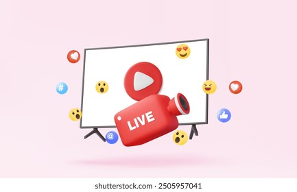 3D TV icon play video modern camera live streaming via follow social media channel new idea creative content emotion communication multimedia entertainment, Eps10 vector, 3d rendering. illustration