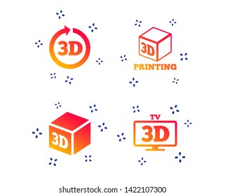 3d tv technology icons. Printer, rotation arrow sign symbols. Print cube. Random dynamic shapes. Gradient 3d icon. Vector