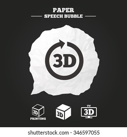 3d tv technology icons. Printer, rotation arrow sign symbols. Print cube. Paper speech bubble with icon.