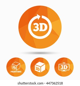 3d tv technology icons. Printer, rotation arrow sign symbols. Print cube. Triangular low poly buttons with shadow. Vector