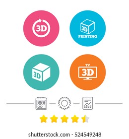 3d tv technology icons. Printer, rotation arrow sign symbols. Print cube. Calendar, cogwheel and report linear icons. Star vote ranking. Vector