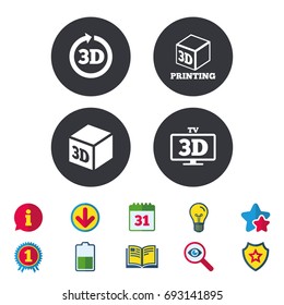 3d tv technology icons. Printer, rotation arrow sign symbols. Print cube. Calendar, Information and Download signs. Stars, Award and Book icons. Light bulb, Shield and Search. Vector