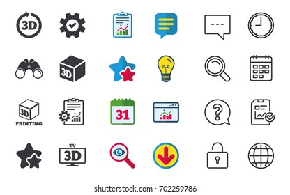 3d tv technology icons. Printer, rotation arrow sign symbols. Print cube. Chat, Report and Calendar signs. Stars, Statistics and Download icons. Question, Clock and Globe. Vector