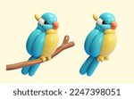 3D twisted balloon bird isolated on cream white background. One standing on a twig and one without.