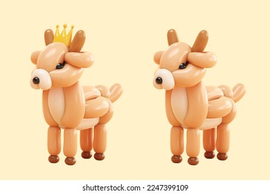 3D twisted balloon deer isolated on light yellow background. One with crown and one without.