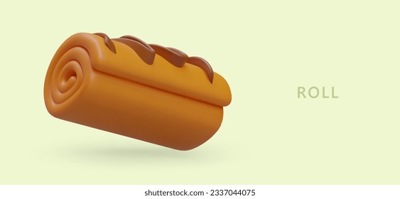 3D twisted cake, sweet roll. Swiss roll in cartoon style. Commercial poster with text. Product announcement template. Vector promotional offer concept