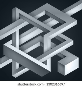 3D Twisted Composition of abstract forms. Shapes puzzle. Vector unreal construction on dark background