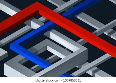 3D Twisted Composition of abstract plexus forms. Labyrinth shapes. Two color lines. Vector unreal construction on dark background
