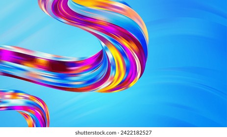 3D twisted iridescent line. Intertwined abstract liquid geometric shapes. Colorful gradient fluid curve. Modern trending bright waves motion flow. Vector illustration eps10.