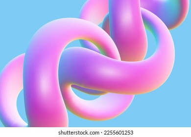 Anillo rosado trenzado 3D sobre fondo azul. Forma geométrica abstracta - símbolo de infinito e infinito. Hermoso objeto de arte y elemento gráfico de decoración, ilustración de vector EPS 10.