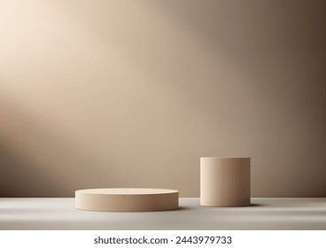 3D two beige cylinders on a light-colored floor with a shadowed wall behind them background with light beam. Vector illustrator